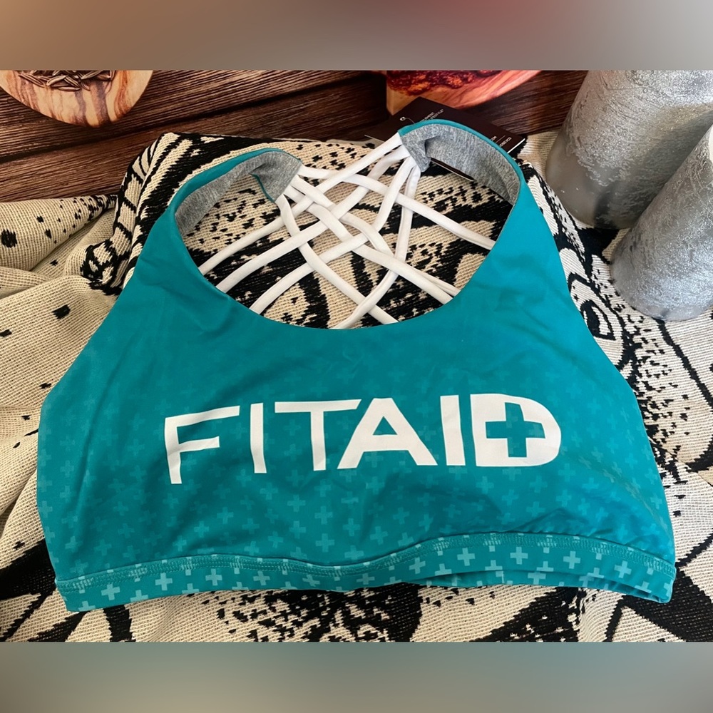 NWT fit Aid Sports Bra Sz XL Teal White Strappy Pilates Yoga Hiking Sporty Hike
